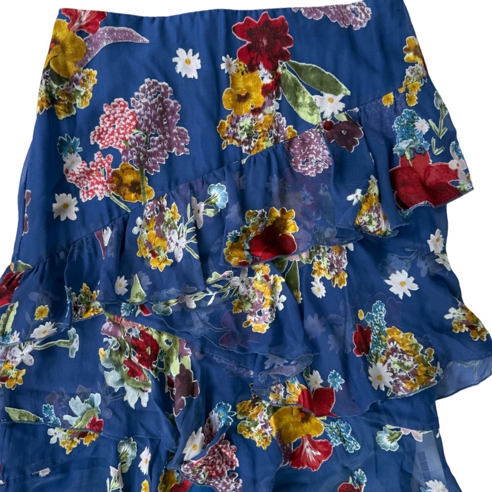 ALICE + OLIVIA Alice Mariel Asymmetrical Ruffle Skirt Tiered Floral Navy, Size 6 - Picture 3 of 8